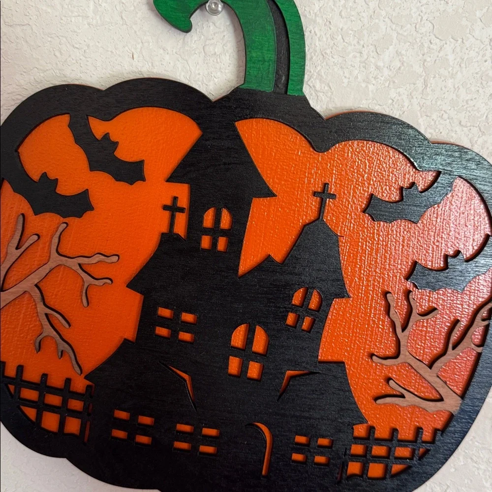 Handcrafted Wooden Sign of Halloween Haunted House Pumpkin Wall Decor